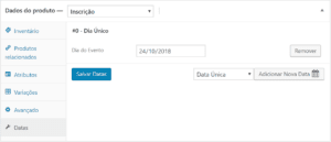 Captura de tela da aba de datas do produto no WooCommerce com o plugin Registrations for WooCommerce instalado.