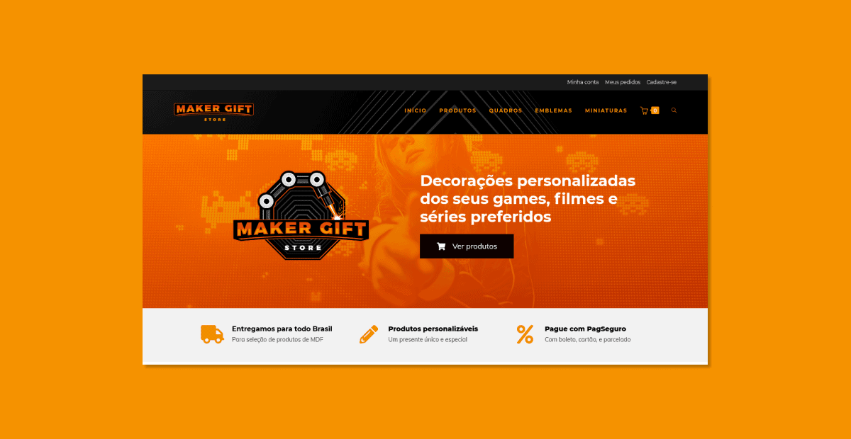 Captura de tela do topo da página home do site da Maker Gift.