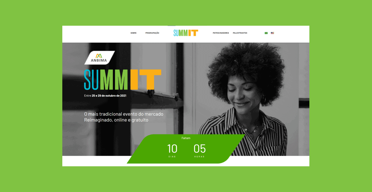 Captura de tela da página inicial do site do Anbima Summit sobre um fundo verde.