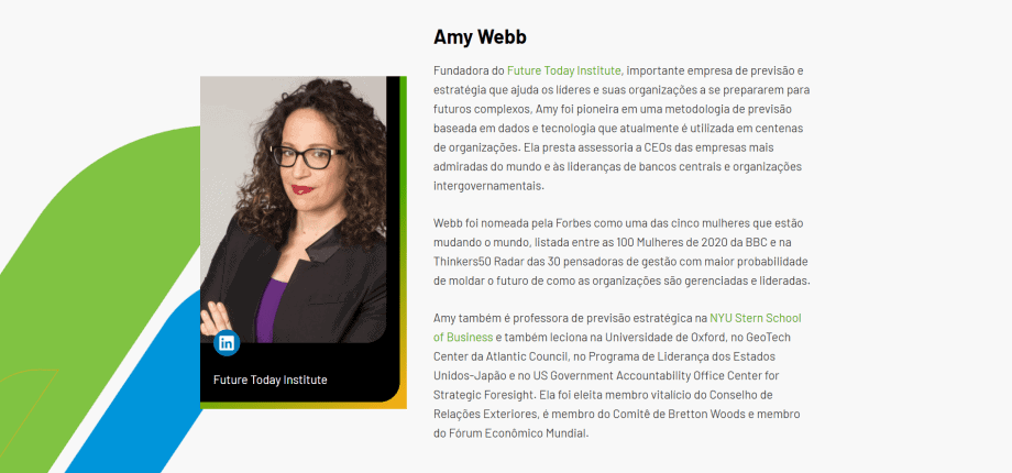 Captura de tela da página da palestrante Amy Webb no site do Anbima Summit.