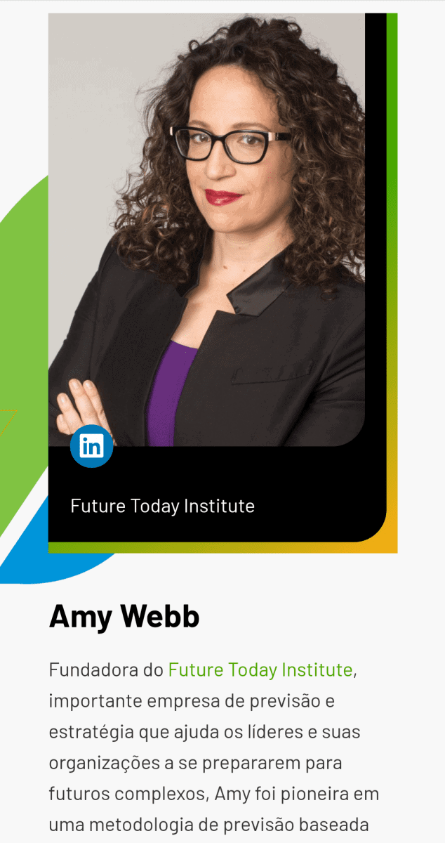 Captura de tela na versão mobile da página da palestrante Amy Webb do site do Anbima Summit.