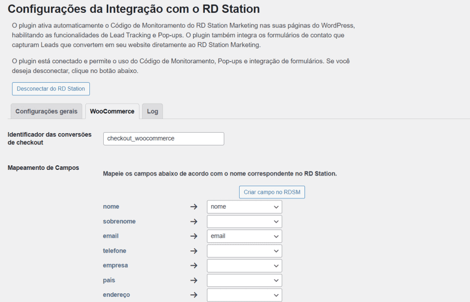 Captura de tela das configurações da integração entre RD Station e WooCommerce.